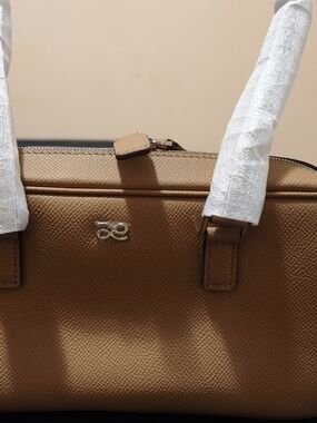 Structured Tan Satchel Handbag with Polished Logo